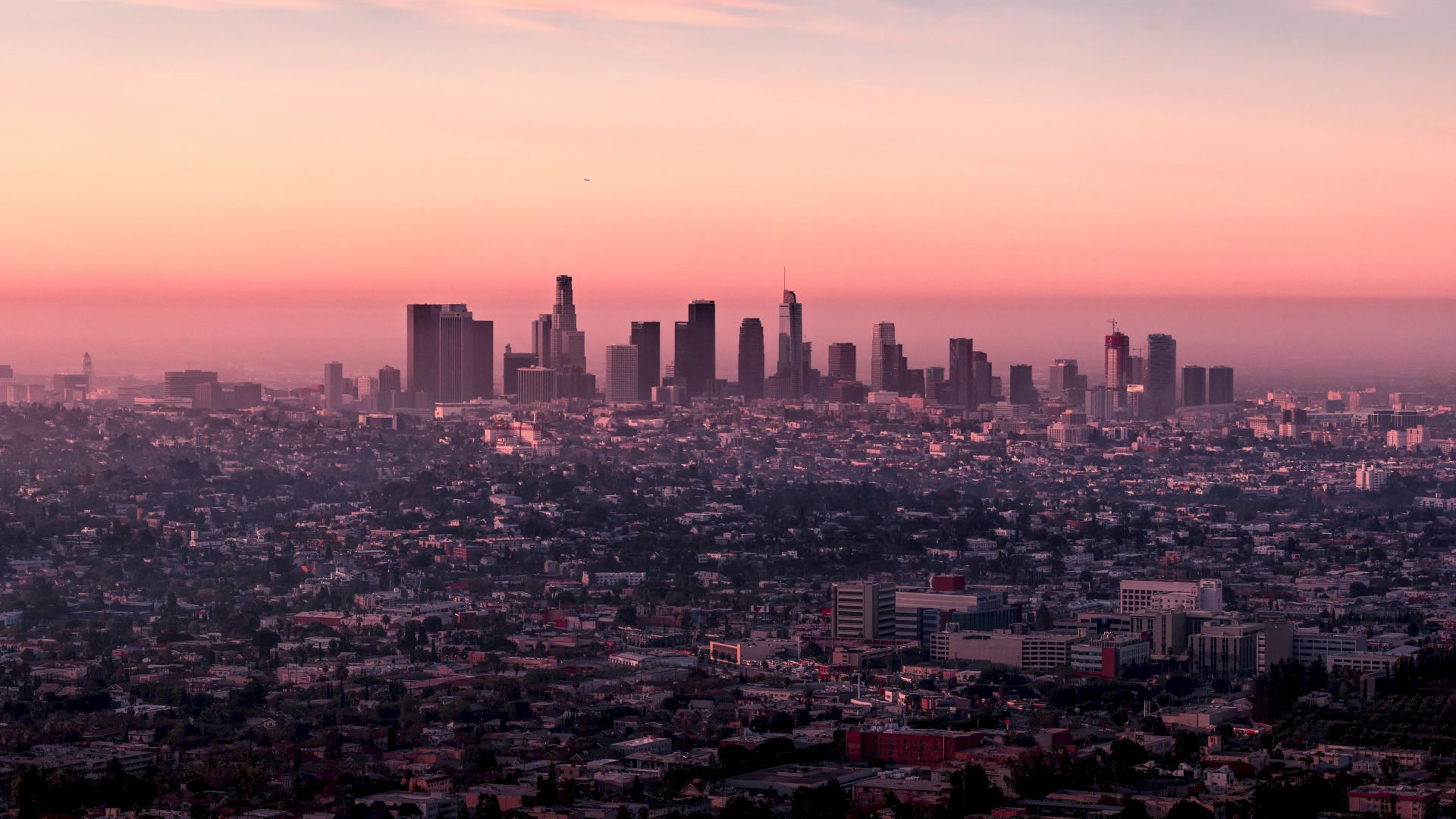 A sprawling city skyline with tall skyscrapers at sunset, glowing pink-orange above a dense neighborhood of rooftops.